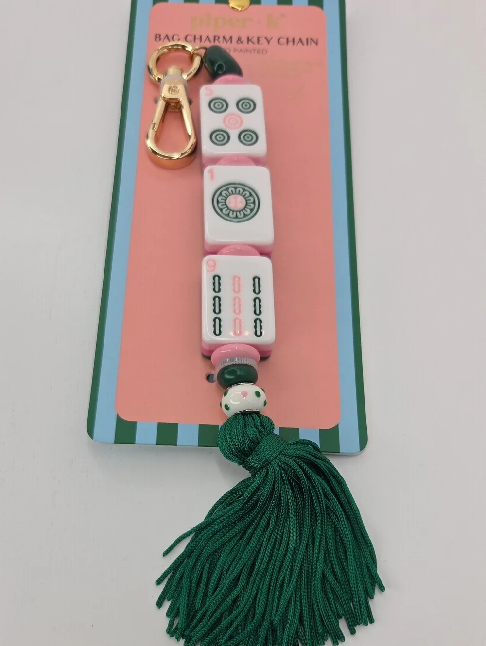 💕▪️piper K ▪️ Pink Mahjong Tile Bag Charm & Key Chain with Green Tassel